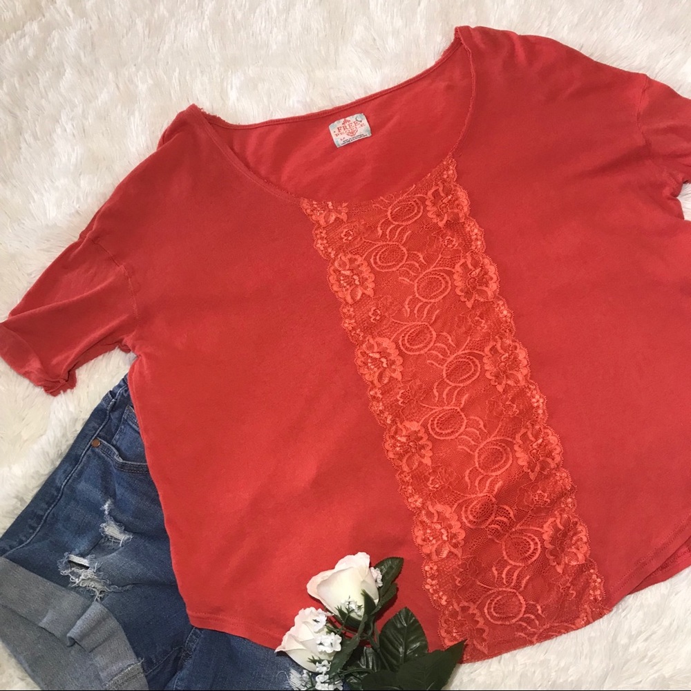 Free people coral top with lace detail
